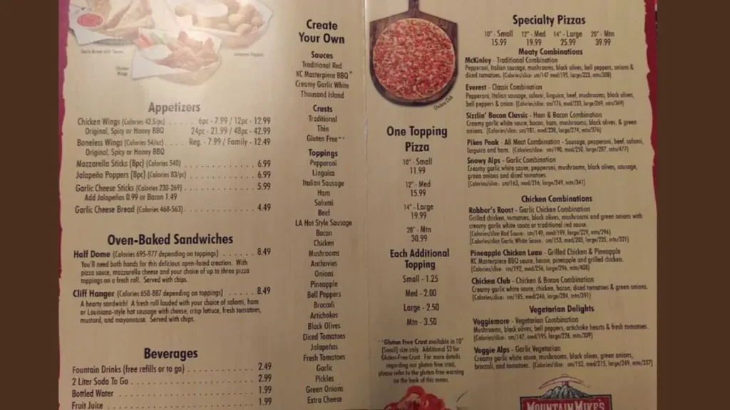 Classic Pizza Choices Mountain Mike's Pizza Menu