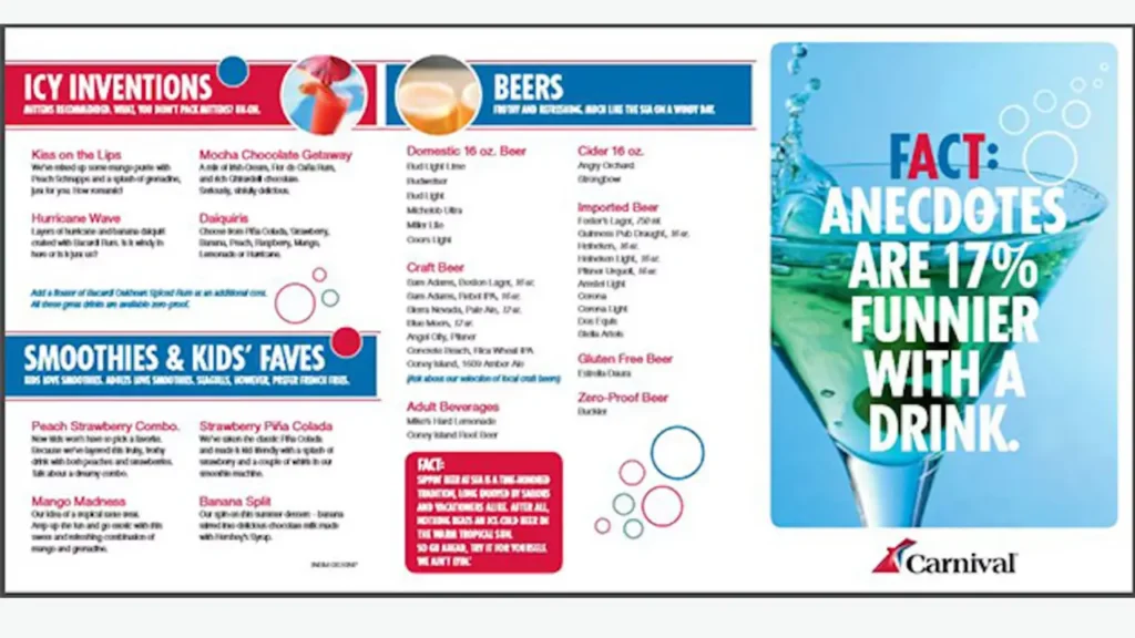Drink Package Carnival Drink Menu