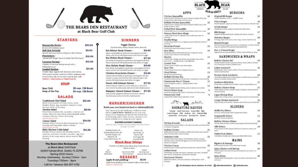 Warm Welcome to the Bear Cave Black Bear Diner Menu With Prices