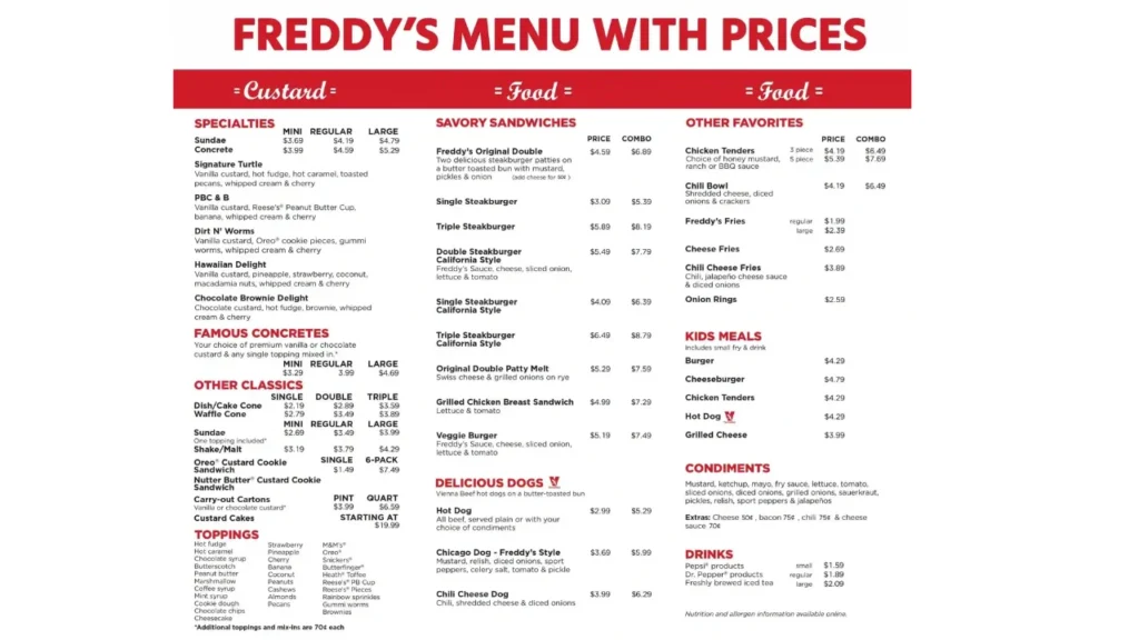 Freddy’s Menu with price Freddy’s Steakburgers Menu